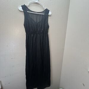 VTG Long Black Peignoir Lingerie Nightgown Keyhole‎ Sheer Nylon Lace Sz S / 30